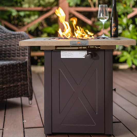 28inch Outdoor Gas Fire Pit Table , 48,000 BTU, Square Outdside Propane Patio Firetable, ETL Certification, Bionic Wood Grain Lid, for Backyard, Garden, Party, Deck, Courtyard