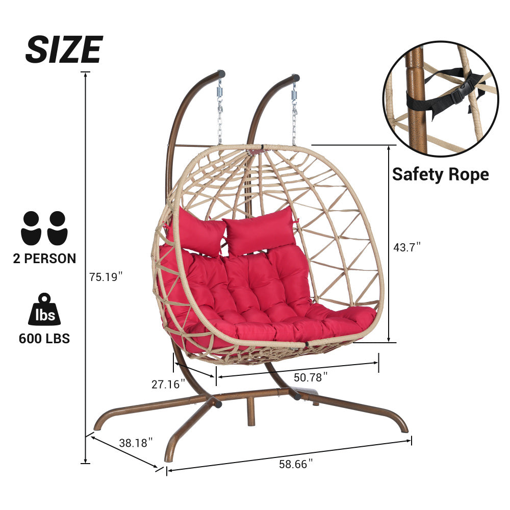 2 Person Outdoor Rattan Hanging Chair Patio Wicker Egg Chair