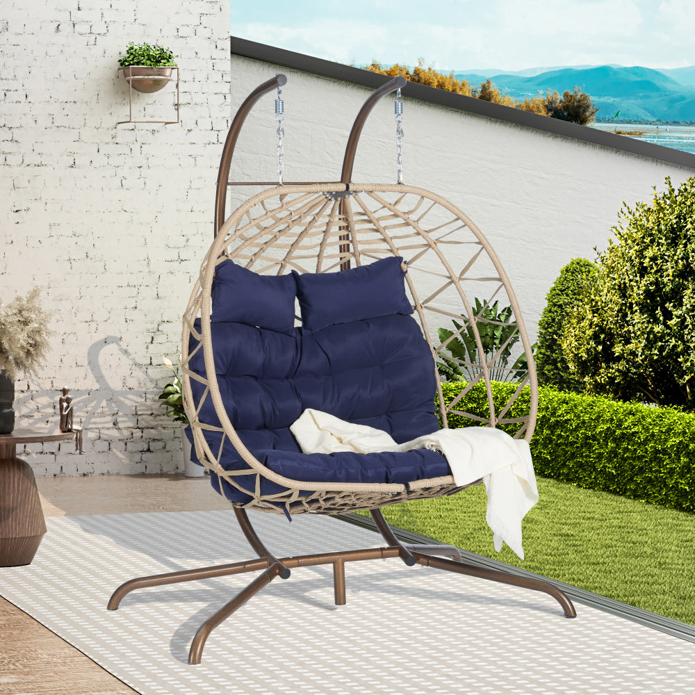 2 Person Outdoor Rattan Hanging Chair Patio Wicker Egg Chair