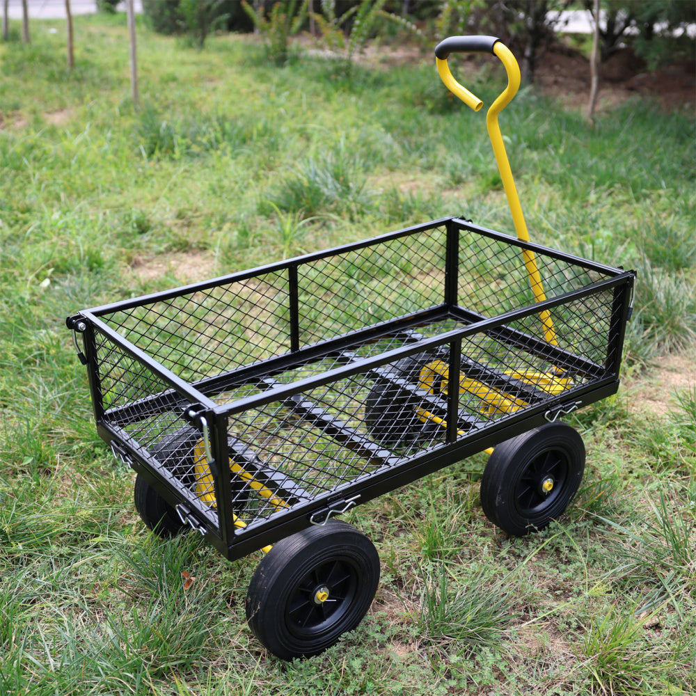 (Black +Yellow solid wheels wagon cart)Solid wheels Tools cart Wagon Cart Garden cart trucks make it easier to transport firewood