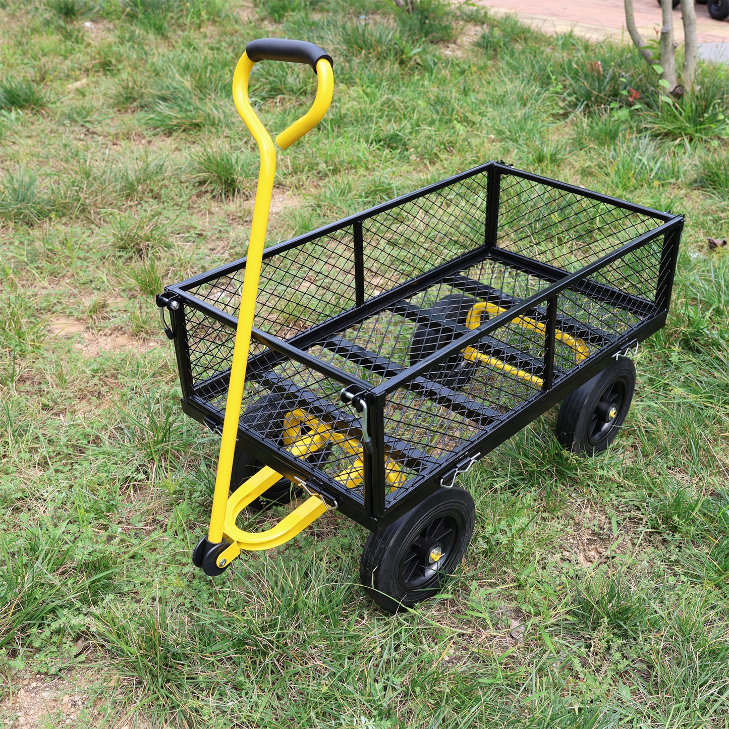 (Black +Yellow solid wheels wagon cart)Solid wheels Tools cart Wagon Cart Garden cart trucks make it easier to transport firewood