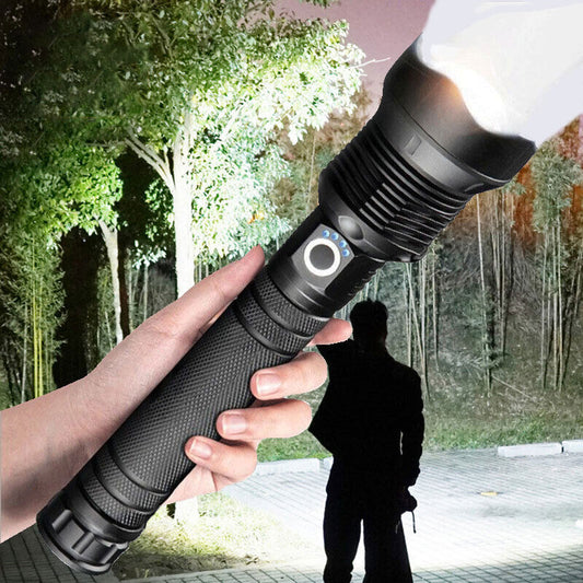 2024 New Aluminum Alloy Ultra XHP70.2 LED Flashlight -90000 Lumens, Zoomable, 3 Modes with 2x 1000mA batteries – Companion for Camping &amp; Emergencies &amp; Hiking &amp; Walking Your Dog