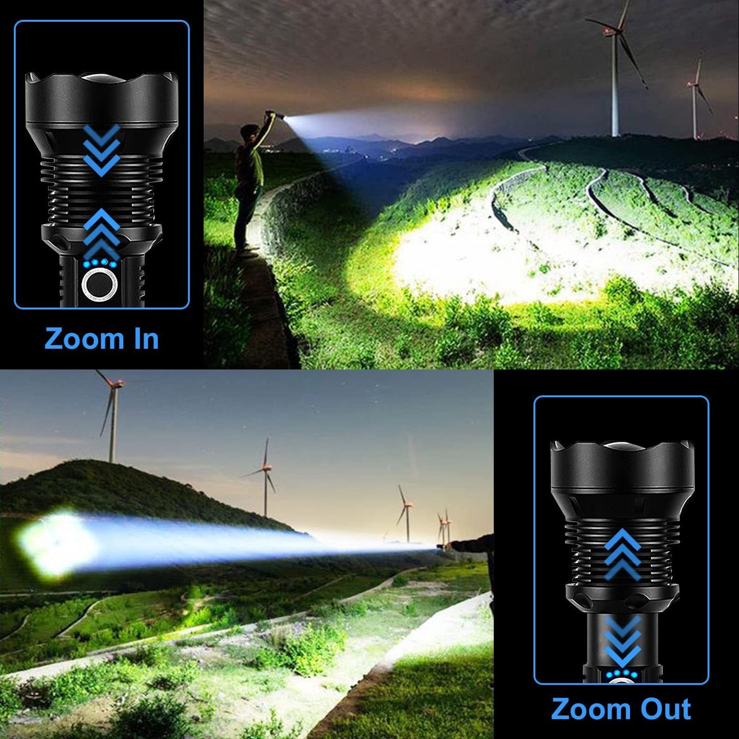 2024 New Aluminum Alloy Ultra XHP70.2 LED Flashlight -90000 Lumens, Zoomable, 3 Modes with 2x 1000mA batteries – Companion for Camping &amp; Emergencies &amp; Hiking &amp; Walking Your Dog