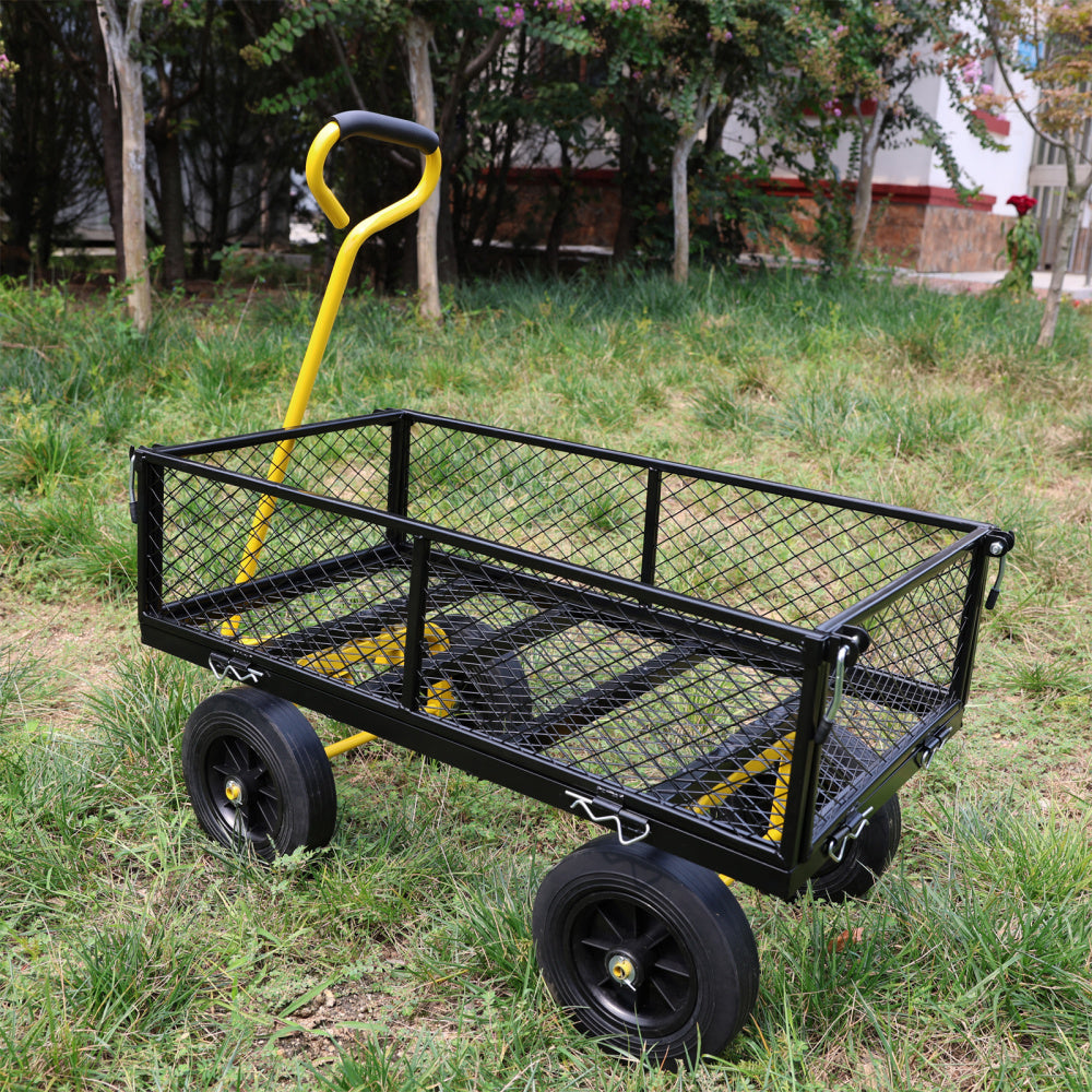 (Black +Yellow solid wheels wagon cart)Solid wheels Tools cart Wagon Cart Garden cart trucks make it easier to transport firewood